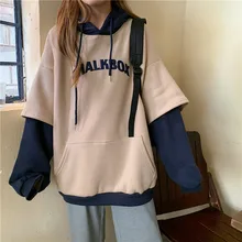 

Women Plus Velvet Thicker Korean Warm Students Daily Hoodies BF Style Embroidery Letter Long Loose Hooded Pullovers Ulzzang New