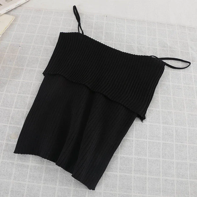 BLACK HELIAR Вязание спагетти плиссированные Camis корейский стиль камзол Повседневный жилет женский Camiss Летние повседневные однотонные топы на бретелях - Цвет: BLACK