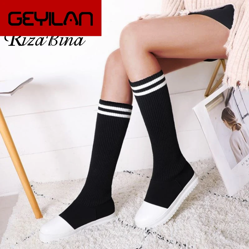 

Women Mid Calf Boots Flats Round Toe Platform Casual Shoes Woman Soft High Quality Long Boots Footwear Size 34-43