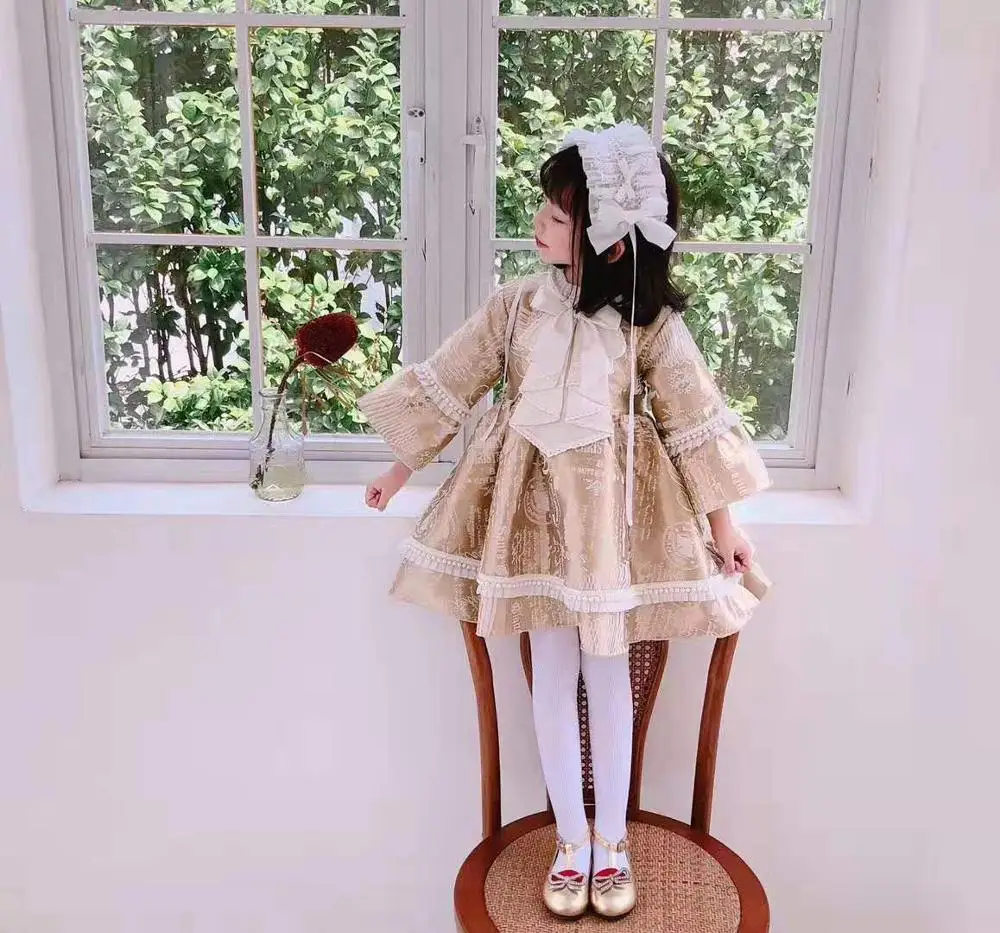 От 0 до 8 лет, Осень-зима, теплое милое Золотое Платье принцессы с длинными рукавами для девочек, вечерние наряд для Бала Лолита, детская одежда