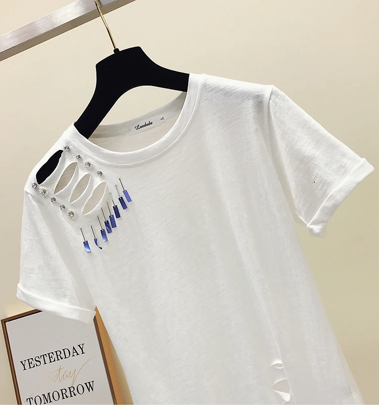 Новинка, Женская свободная футболка в Корейском стиле, 2XL, женские футболки с дырками, топы для студентов, футболка с короткими рукавами, топы, одежда