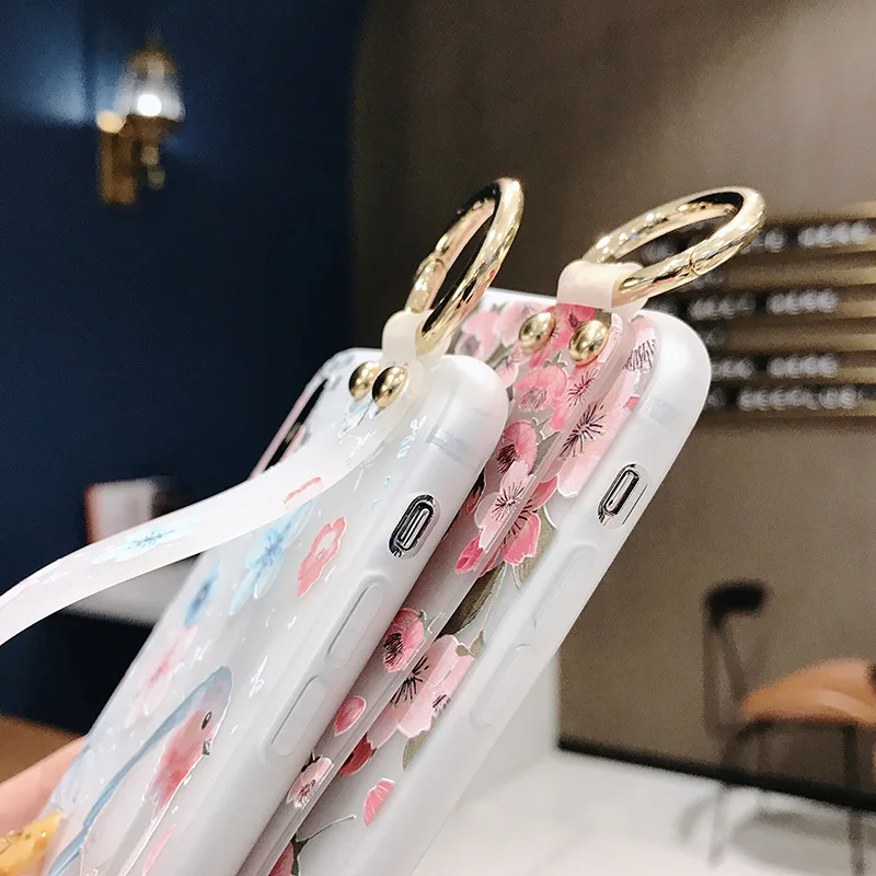 SoCouple Flower Soft TPU Wrist Strap Case For iphone 7 8 6 6s plus X Xs max XR Relief Floral Phone Holder Case Transparent Cover (7)