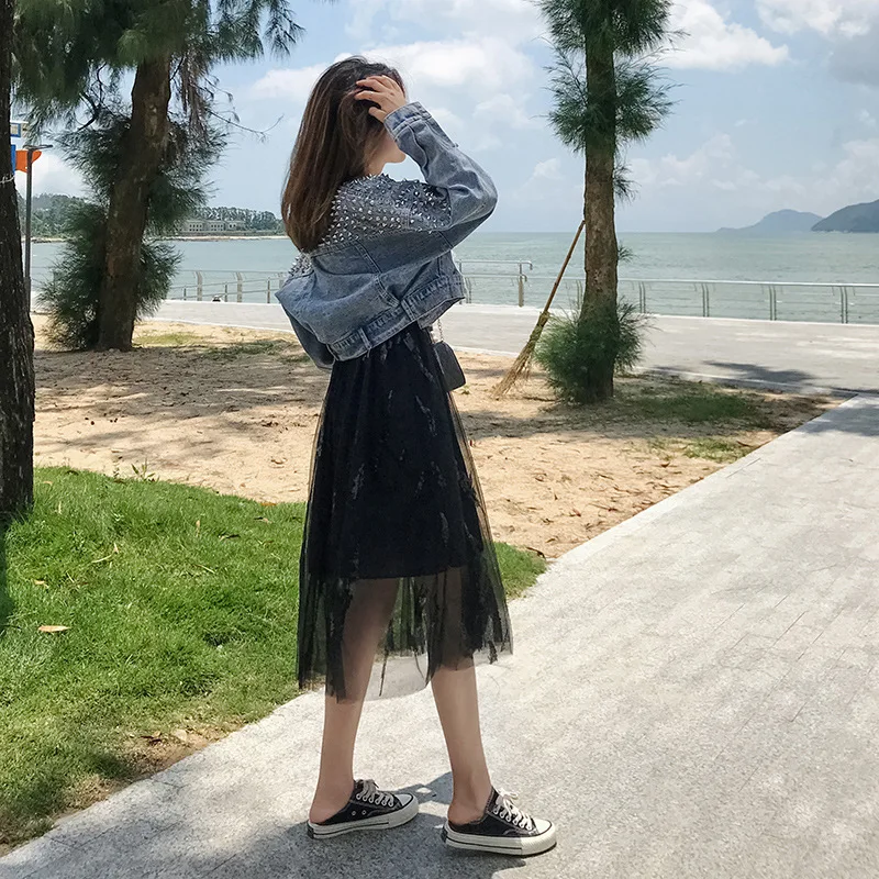

2019 Autumn New Style Large Size Dress Fat Mm Korean-style Rivet Jeans Coat + Strapped Dress Two-Piece Set Women's Fashion