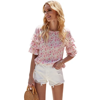 

Cute Tiered Ruffle Flare Sleeve Floral Blouse for Women Elegant Ladies Summer Casual Bell Sleeve Floral Top Plus Size