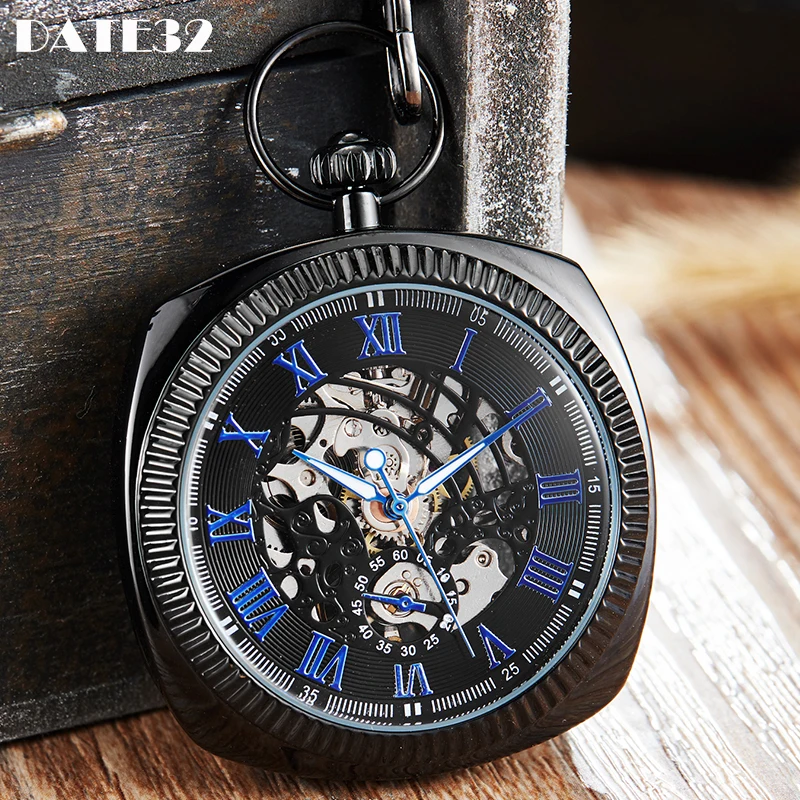 

Mechanical Pocket Watch Blue Roman Numeral Skeleton Fob Chain Vintage Square Black Hanging Waist Clock with Gift Box for Men