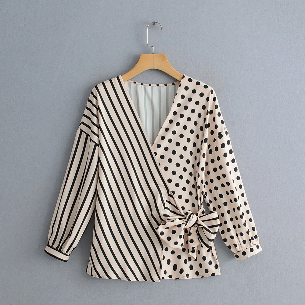 

ZA Women's Wear Summer 2019 New European and American Splice Printed Shirt Bow-knot Decorated Long Sleeve Leisure Blouse
