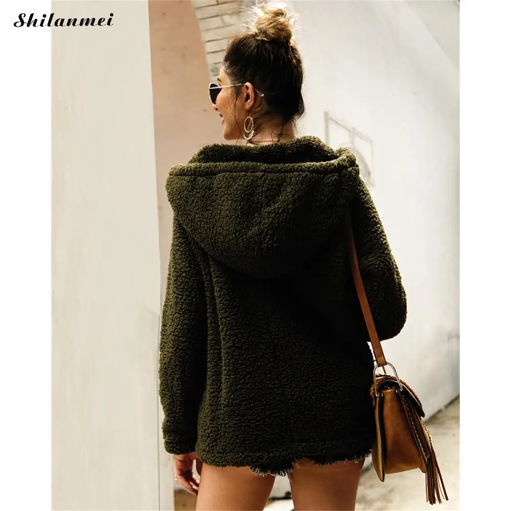 Women Fleece Hoodies Autumn Plush Casual Hooded Pullovers V Neck Female Sweatshirt Winter Warm Pocket Teddy Pullover Mujer