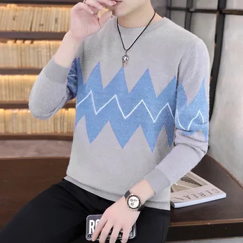 

2020 Men's Autumn New Fashion Simple All-match Sweater Youth Contrasting Color round Neck Slim Thin Sweater