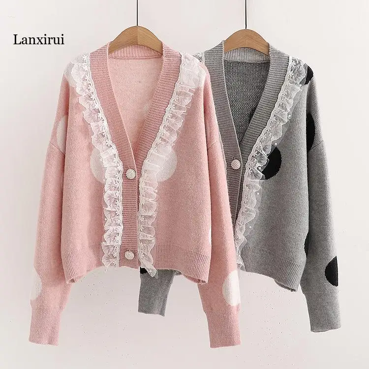 

Lace Patchwork Polka Dot Women Knit Cardigan 2021 Winter Single Breasted V-neck Knitwear Korean Fashion Warm Soft Jumpers Tops