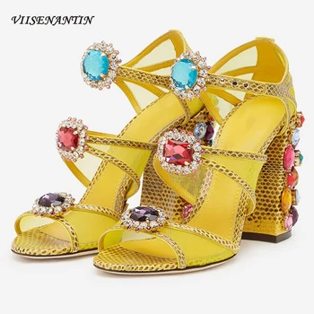 

Colorful Jeweled High Heel Chunky Heeled Summer Shoes Luxury Gemstone Open Toe Yellow Mesh Women's Sandals New Arrival Shoe