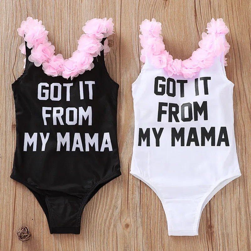 Детская летняя пляжная одежда с надписью Got It My Mama, гимнастический купальник для девочек со шнуровкой, черно-белый комбинезон