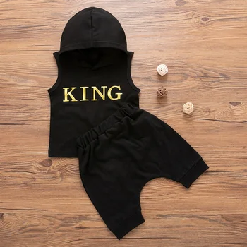 

New Summer Baby Boy's Sleeveless Tops Trousers Two-Piece Kit Kids Letter Print Hooded Sweater Long Pants Outfit 0-3T
