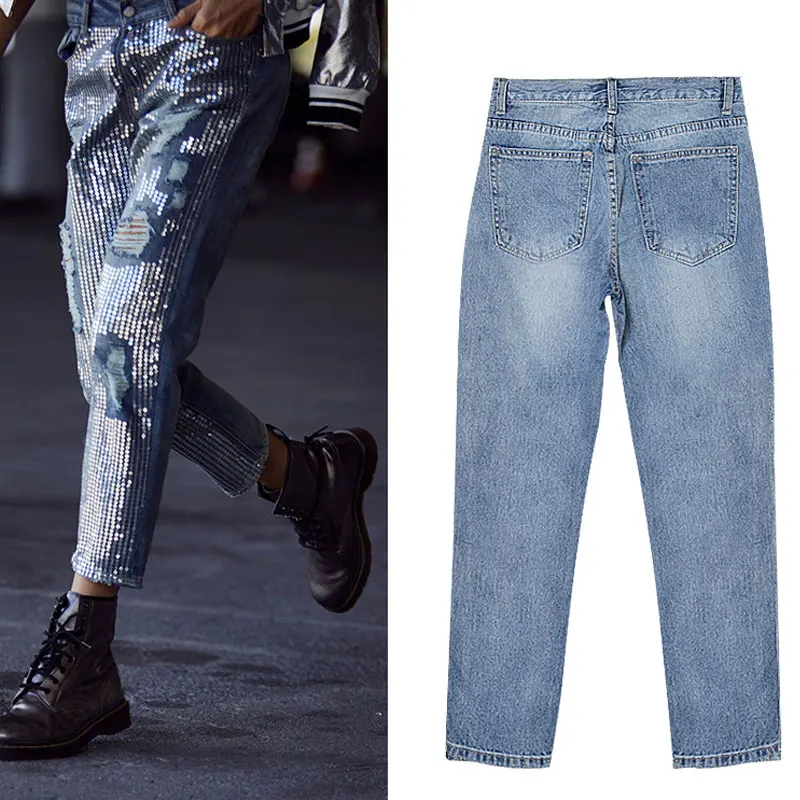 Крутые женские джинсы, брюки, миди-Талия, рваные джинсы для женщин, рыбья чешуя, с блестками, с дырками, прямые брюки, джинсы-карандаш, винтажные брюки