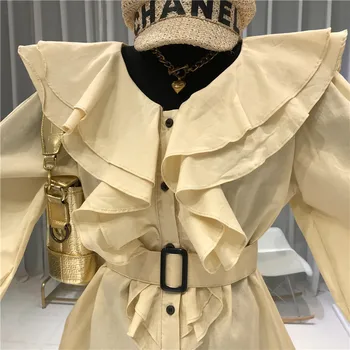 

Double led2020 Spring Autumn New Vintage Flounced Long-sleeved Shirt Women Slim Loose Blouses Leisure Blusas Tops Femininas