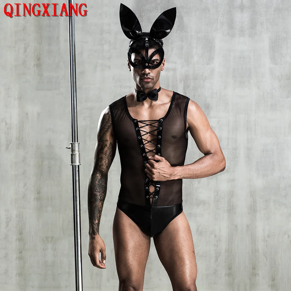 

2020 4 Pieces Rabbit Ear Facepiece Tail Set Faux Leather Front Bandage Costume Cosplay PU Night Club Top Transparent Bodysuit