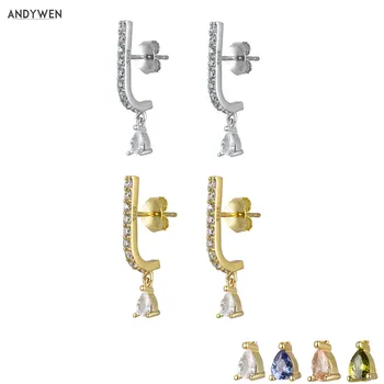 

ANDYWEN 925 Sterling Silver Long Line Drop Earring White Zircon Pave Teardrop Hook Vintage Earrings Statement Wedding Jewelry