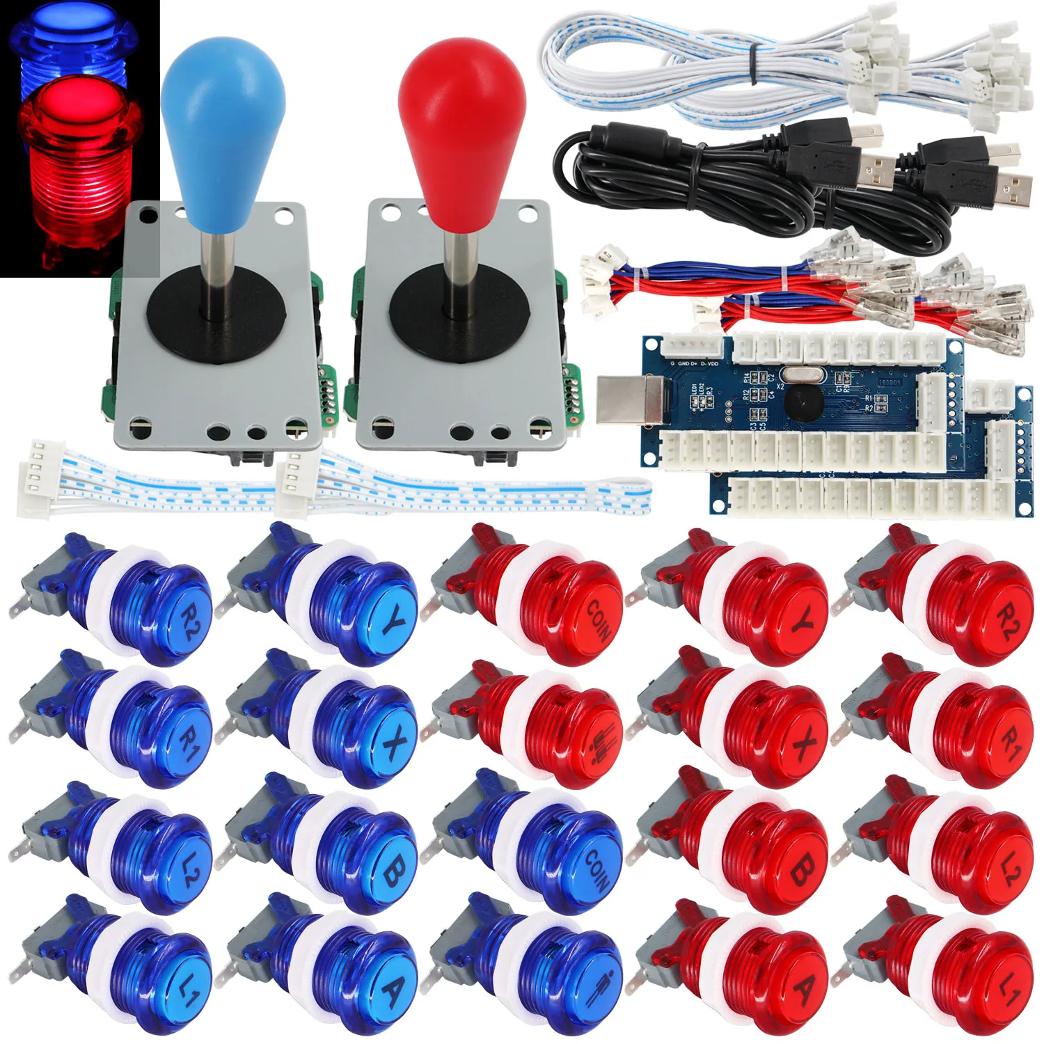 SJ@JX 2 Player Arcade Game Stick DIY Kit Button LED 8 Way Joystick USB Encoder Cable Controller for MAME Raspberry Pi