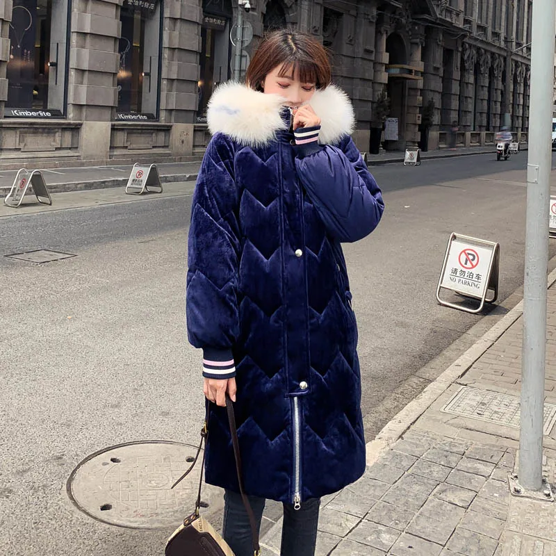 High Quality Winter Jacket Women Velvet Hooded Thicken Fur Warm Female Coat Long Parka Solid 5 Colors - Color: Navy Blue