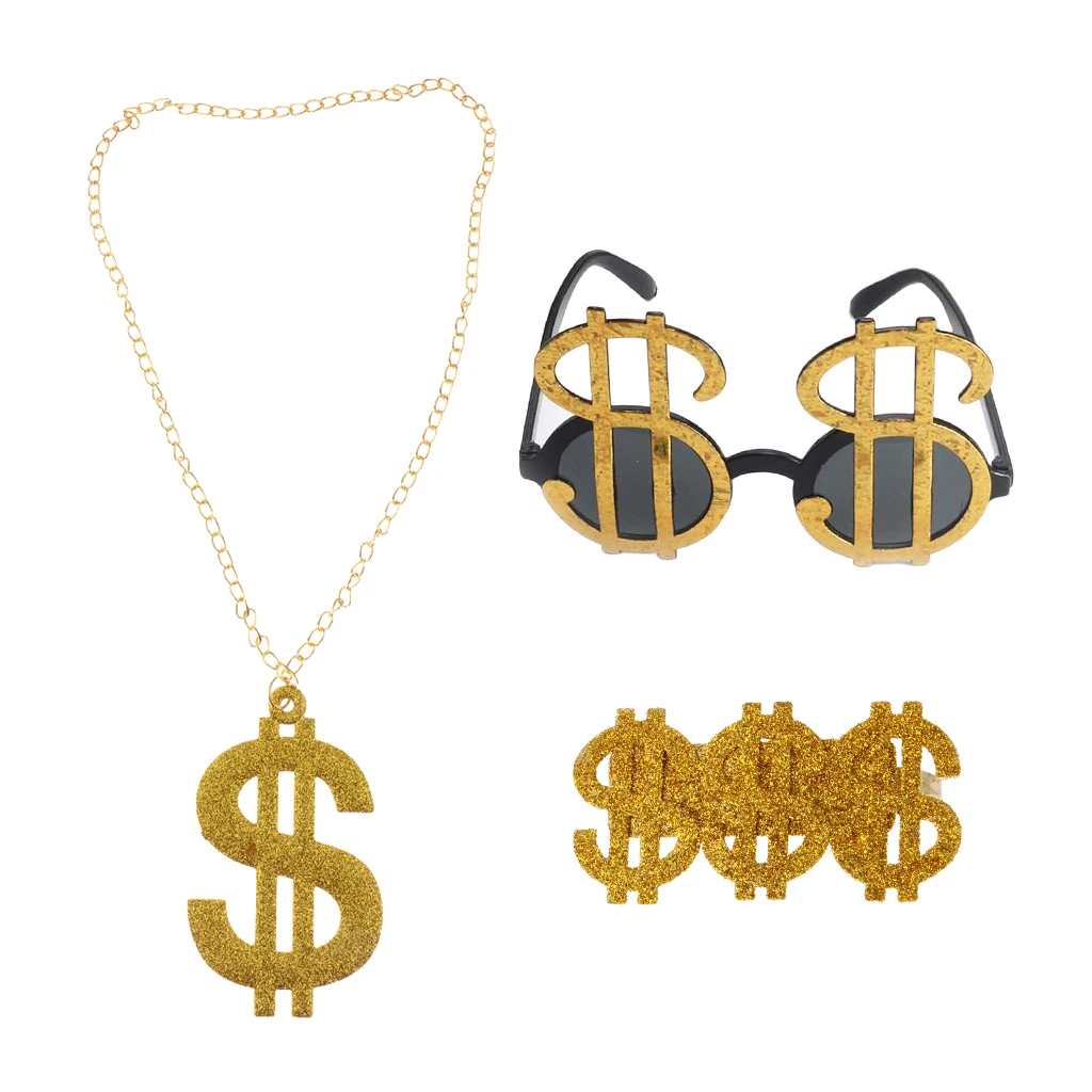 3 Pieces Glitter US Dollar Signs Ring Necklace Glasses 80s Rapper Big Daddy