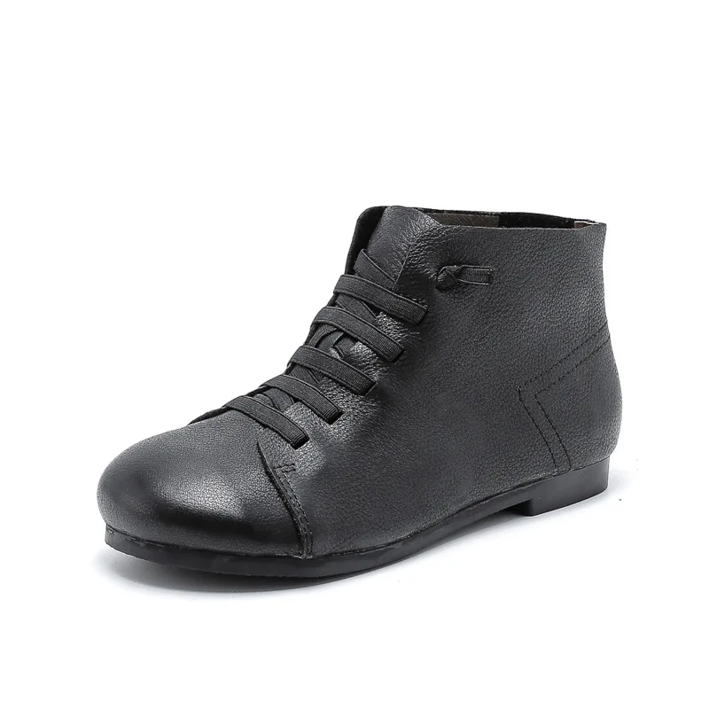 

6066-17 New Autumn Literary Round Head Handmade Ladies Boots Flat Bottom Casual Genuine Leather Women's Shoes