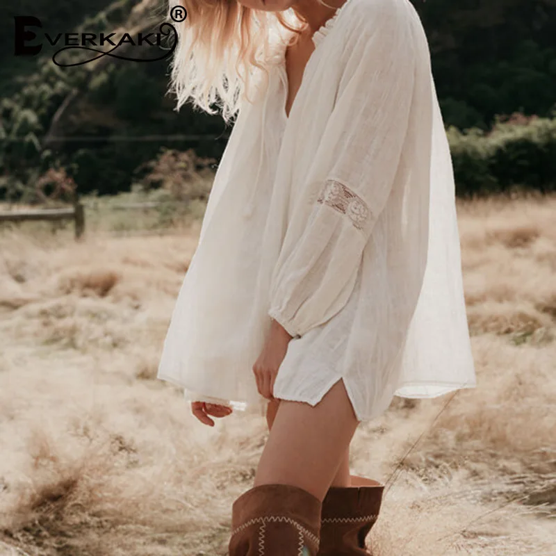 Фонарь с длинным рукавом Хлопок Boho белая блузка, женские рубашки богемные Кружева V шеи свободные блузки Женщина Плюс Размер Топы Blusas