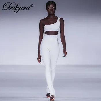 

Dulzura patchwork women two piece set crop top leggings sleeveless one shoulder fitness streetwear 2020 summer outfit sports