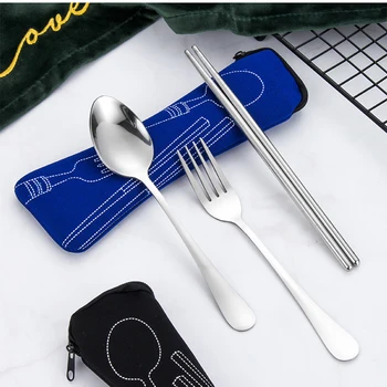 

Travel Portable Stainless Steel Chopsticks Fork Spoon Coffee Spoon Tableware Set Bone Pillow Cloth Bag Germaphobe Work Out Gift