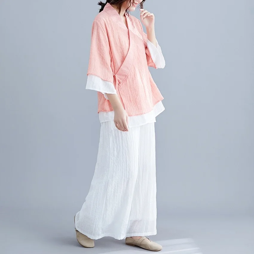 Chinese Women Linen Shirt Tops Traditional Vintage Shirts Cardigan Fairy Tang Suit Loose Casual Hanfu Kung Fu Uniform Female