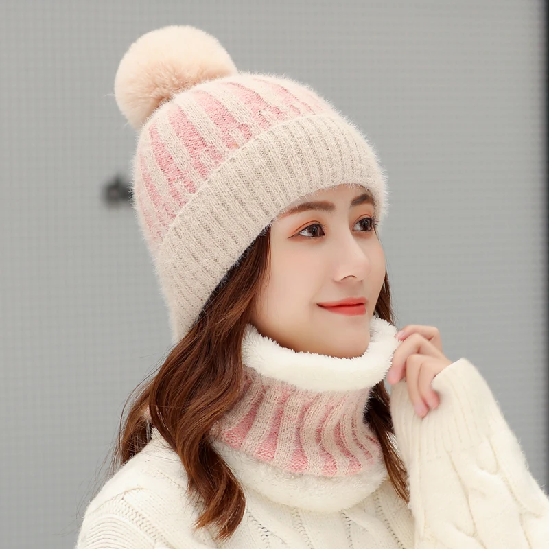 Зимняя имитация норки в полоску женские наборы шарф шапка женские шапки с искусственным помпон из лисьего меха толстые теплые женские шапки - Цвет: Pink