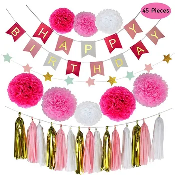 

Happy birthday party package happy birthday letters up paper flowers garland paper fringe stars