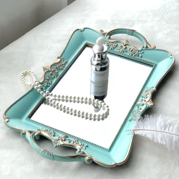

Oval Storage Tray Blue Retro Mirror Skin Care Product Storage Tray French Retro Teacup Food Jewelry Storage Box Home Decoration