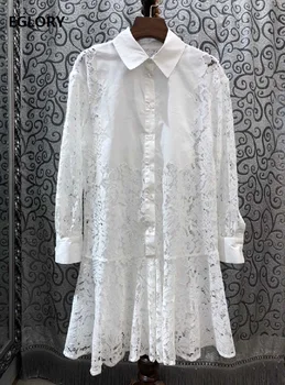 

2020 Spring Summer Fashion Long Shirt Dress High Quality Ladies Turn-down Collar Hollow Out Lace Patchwork Black White Dress