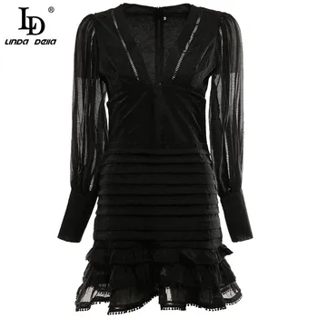 

LD LINDA DELLA Fashion Runway Autumn Shirt style Dress Women Long Sleeve V-Neck Draped Ruffle Slim Lady Black Casual Short Dress