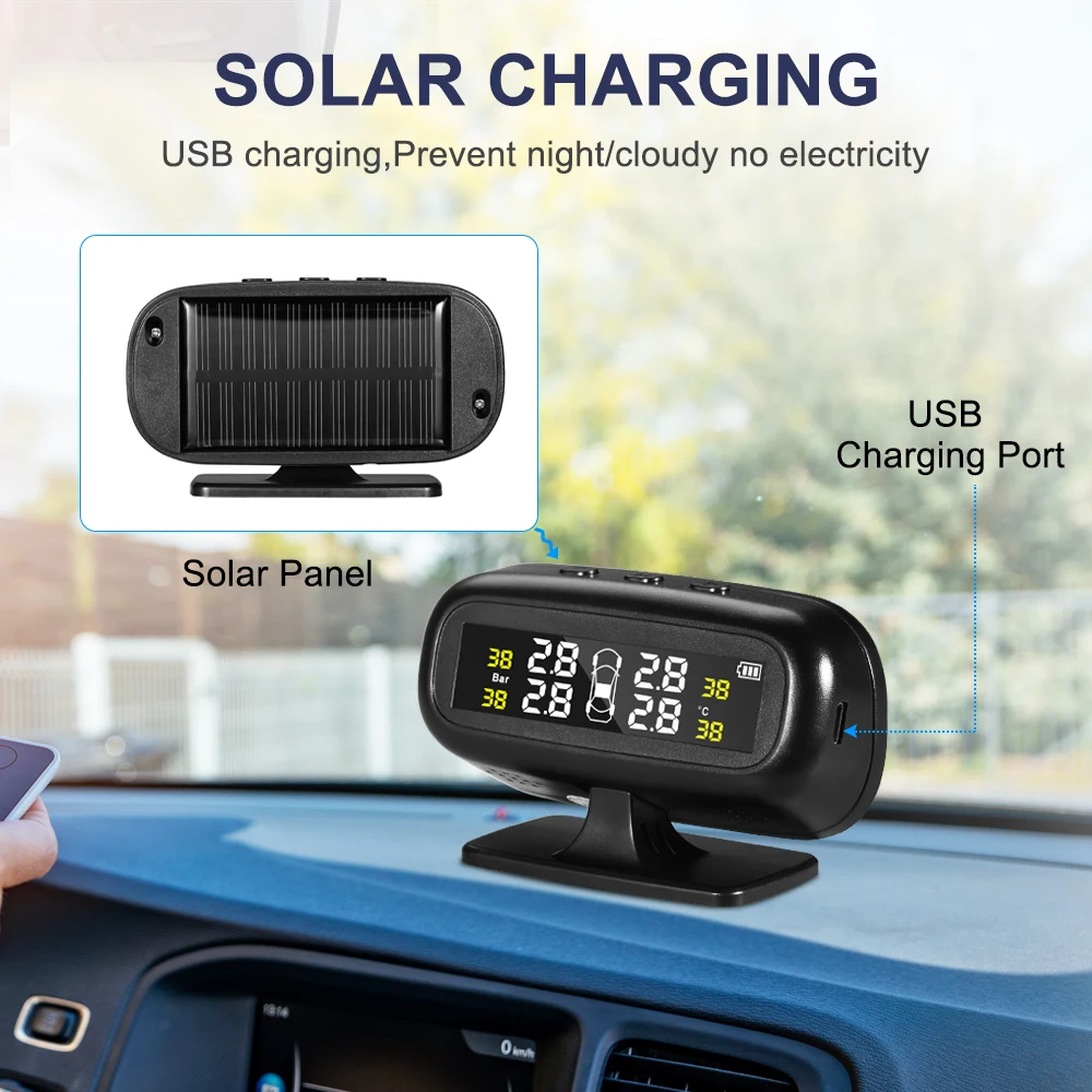 0-6.0 BAR//0-87 PSI Tymate TPMS Wireless Tire Pressure Monitoring System with 4pcs External Sensors and 2.1A USB Charging Port Temperature and Alarm Function Real-time Displays 4 Tires/' Pressure Real-time Displays 4 Tires Pressure