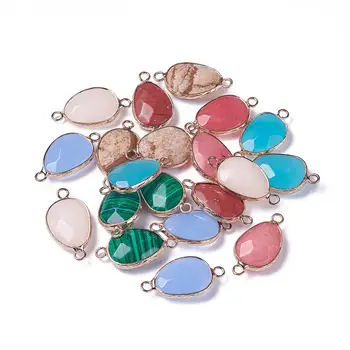 

50pcs Natural Gemstone Links Charms Pendant Mixed Color Faceted Drop Connectors Beads with Brass Findings for Jewelry Making