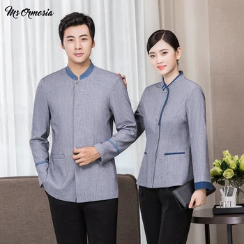 

Hotel unisex waiter overalls long-sleeved uniform restaurant waiter cotton and linen jacket kitchen cooking breathable overalls