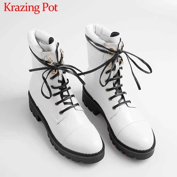 

Krazing Pot genuine leather British school metal rivets lace up round toe med heels solid winter warm women mid-calf boots L98
