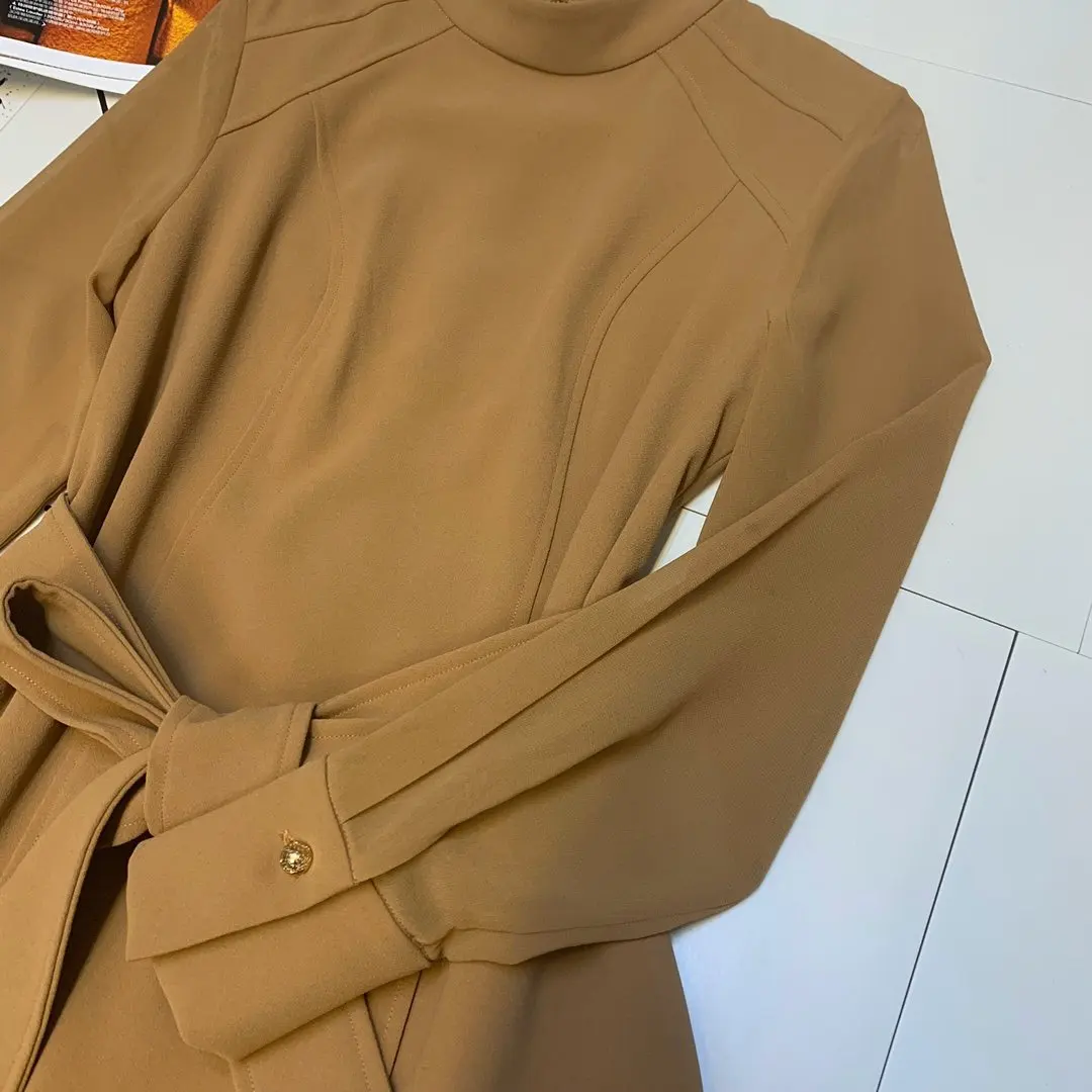 Новое дамское модное платье с длинным рукавом и стоячим воротником и поясом 1107