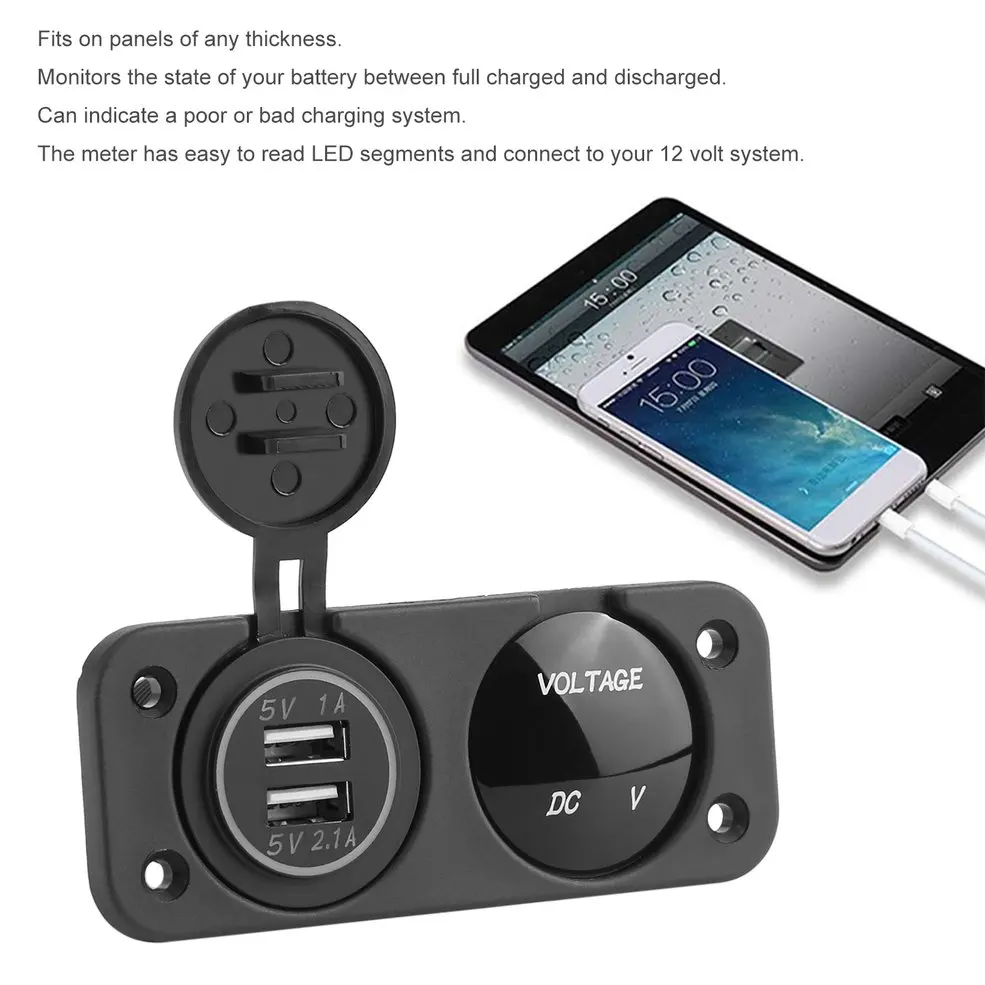 

12-24V Dual USB Socket Mount Car Charger Adapter Blue LED Digital Display Voltmeter 2 Hole Waterproof Car Boat Marine Panel