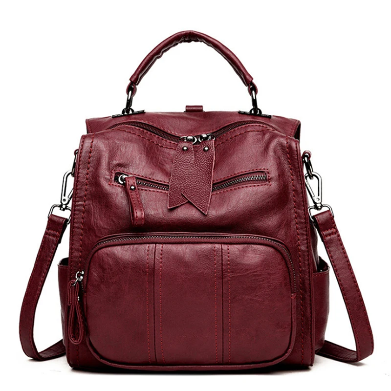 wine red Новые многофункциональные женские рюкзаки высококачественный молодежный рюкзак из искусственной кожи на молнии для девочек-подростков, женская сумка на плечо - Цвет: wine red