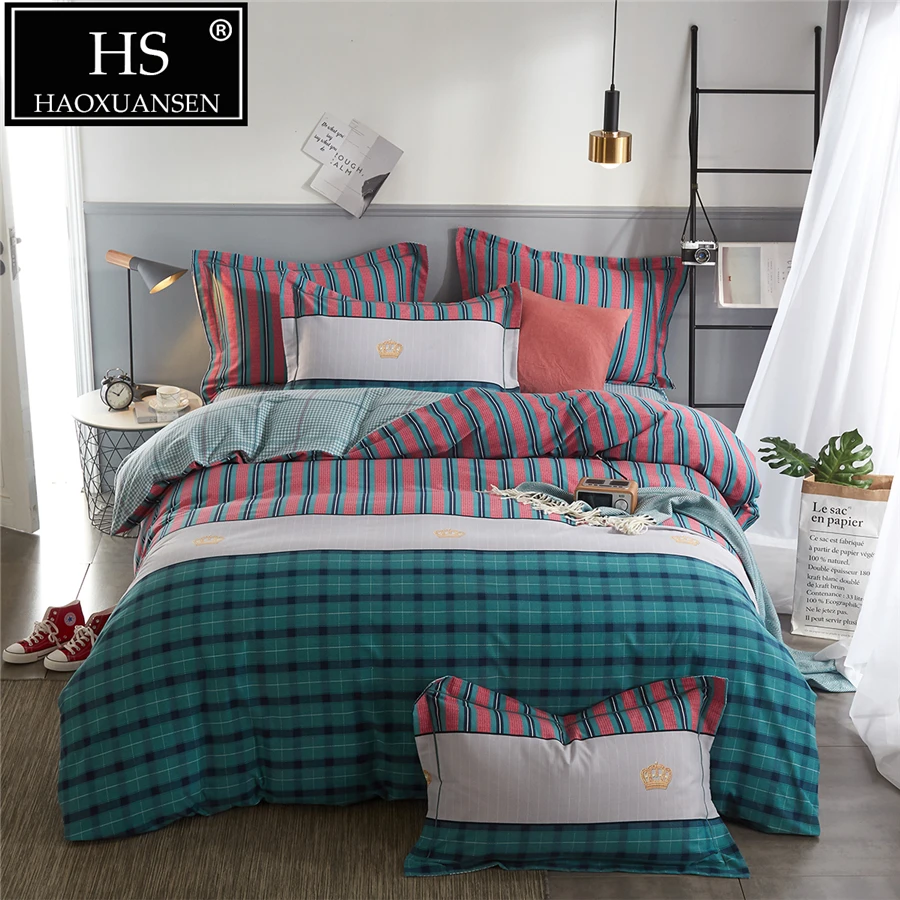 

4Pieces Sanding Cotton with Stripe & Check Bedding Set Multicolor Super Soft Warm Duvet Cover Set bed linens Queen King Size