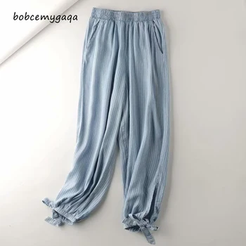 

soft denim harem pants blue light blue Jeans loose palazzo pants elastic waist casual plus size spring summer striped pants