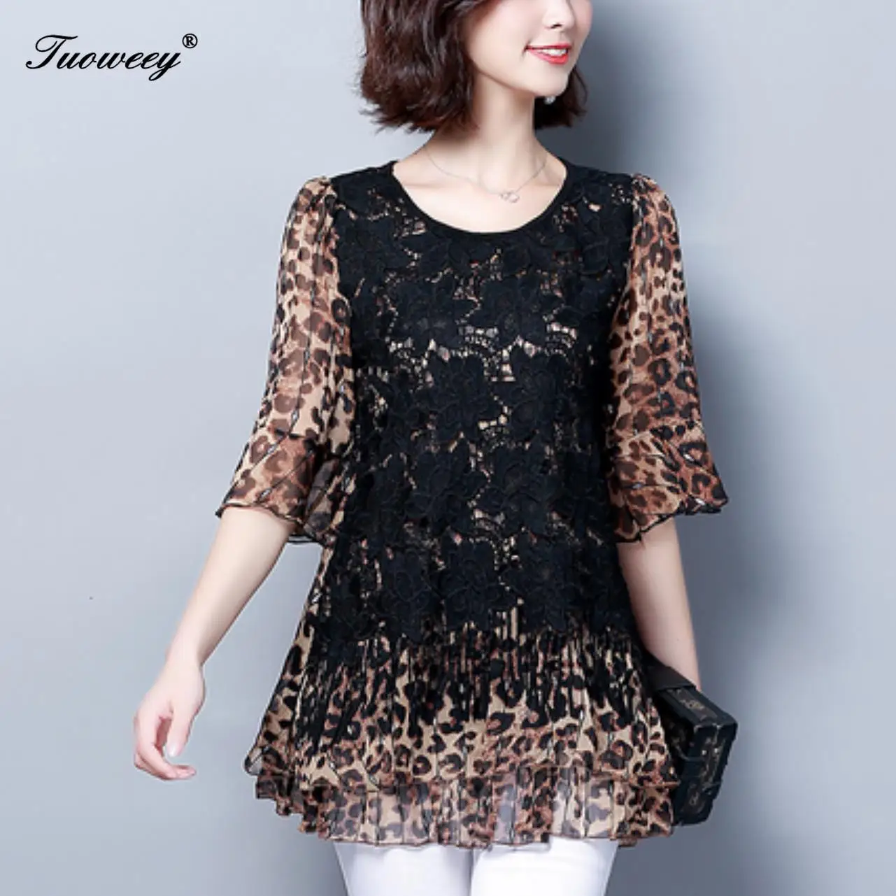 

2019 New Arrival Fashion autumn half sleeve leopard long Shirt Female Casual loose Color Plus Size elegant Printed Blouse