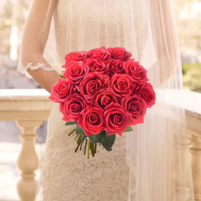Artificial Flowers Silk Rose Flowers-12 Pcs Red Roses Fake Flowers Real Press Bridal Wedding Bouquet for Home Wedding Decoration