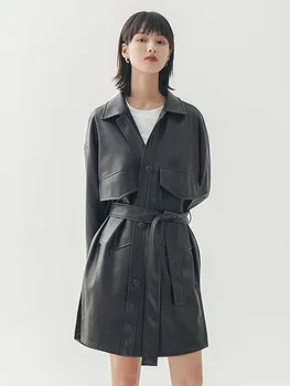 

Women Leather Jacket Black faux Leather Long Sleeve Biker Jacket Women Lapel Single Breasted With Belt Long Spring Jacket