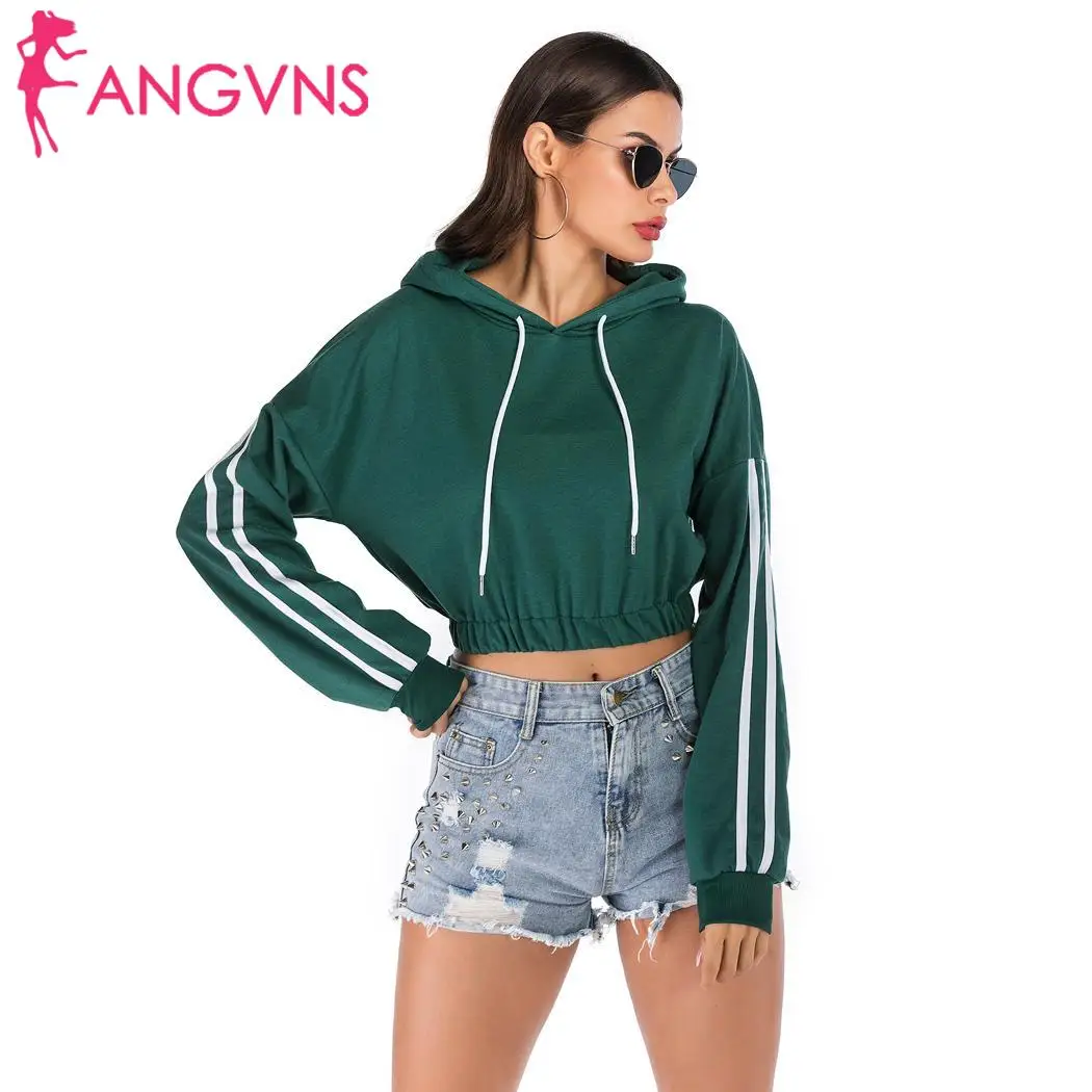 

Women Stripe Print Long Sleeve Casual Hooded Green Crop Short Sweatshirt Tops Winter/Spring/Autumn