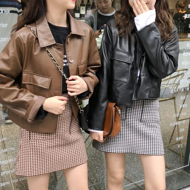 Осенняя Корейская шикарная Harajuku винтажная короткая простая кожаная куртка с отворотом Женская модная свободная однотонная Повседневная Женская куртка
