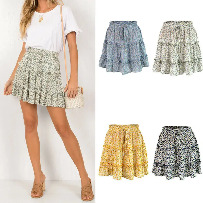 Womens Skirt Summer Boho High Waist Ruffle Floral Print Fashion Beach Short Skirts Casual Frill Pleated Skirts Sundress Womens