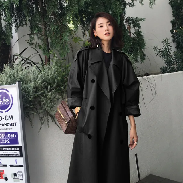 Women 's Trench Coat Mid -length 2021 New Korean Style Elegant Fashion Casual Spring and Autumn Khaki Long Double Breasted Full black