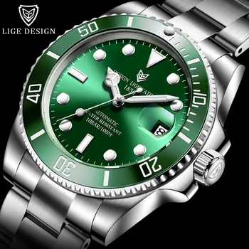 

LIGE New Business Watches Men Automatic Mechanical Tourbillon Clock Sports Full Steel 100 Waterproof Green Water Ghost Watch Men